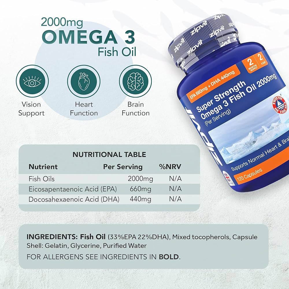 Omega 3 Fish Oil 2000mg, EPA 660mg DHA 440mg per Daily Serving. 120 Capsules (2 Months Supply). Supports Heart, Brain Function and Eye Health