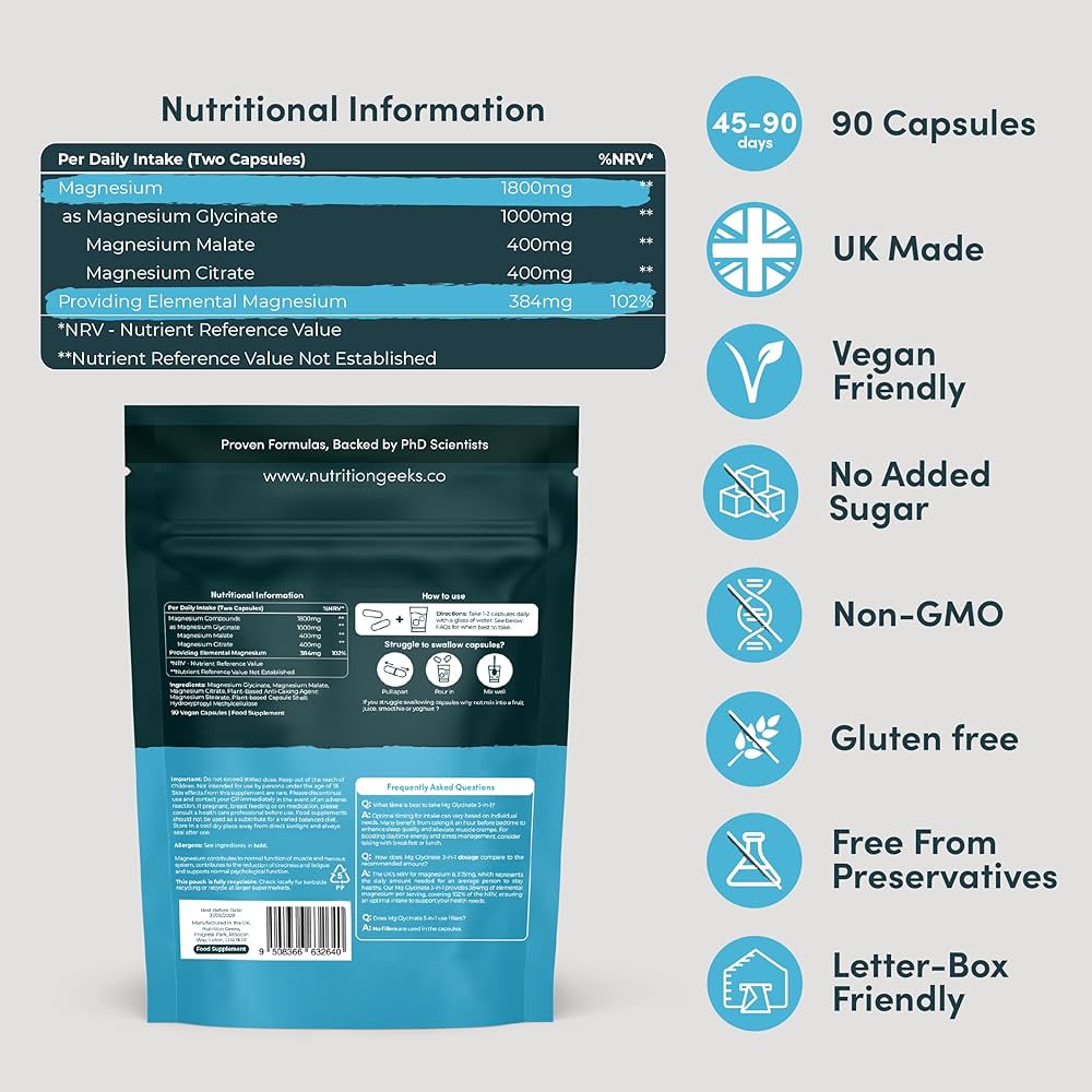 Magnesium Glycinate 3-in-1 Complex - 1800mg Supplements as Bisglycinate, Citrate & Malate 90 Vegan Capsules, Triple High Absorption 384mg Elemental, UK
