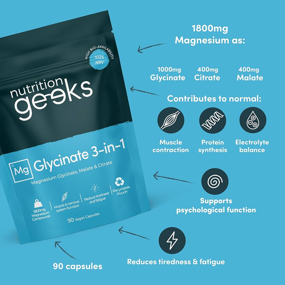 Magnesium Glycinate 3-in-1 Complex - 1800mg Supplements as Bisglycinate, Citrate & Malate 90 Vegan Capsules, Triple High Absorption 384mg Elemental, UK